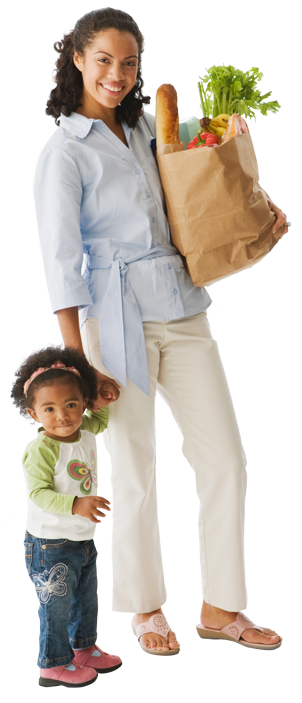 Woman holding groceries and child
